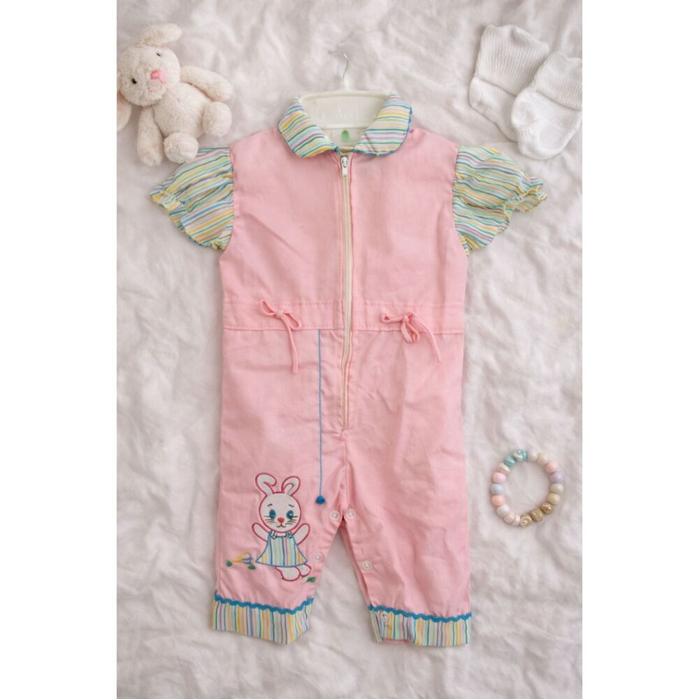 Vintage Pink Bunny Baby Romper 90s One Piece Outfit